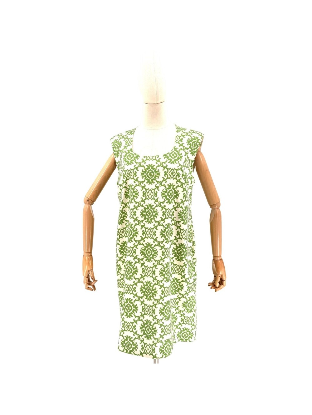 Vintage 70s Handmade Green White Damask 100% Cotton Shift Dress